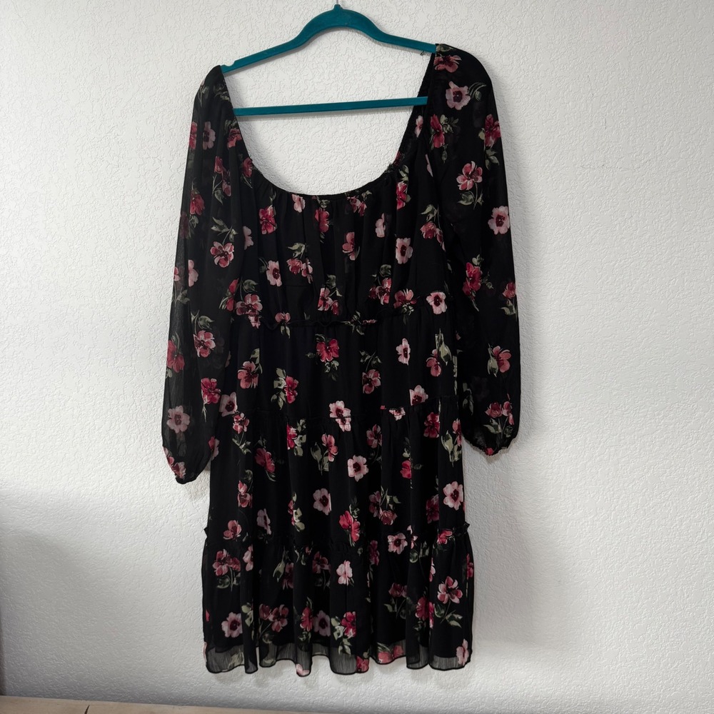 TRIXX Black Floral Print Square Neck Tiered Mini Dress Plus Size 1X